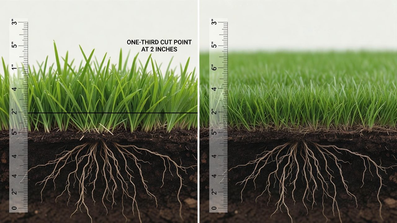 Diagram demonstrating the one-third mowing rule with grass blade height measurements and root systems