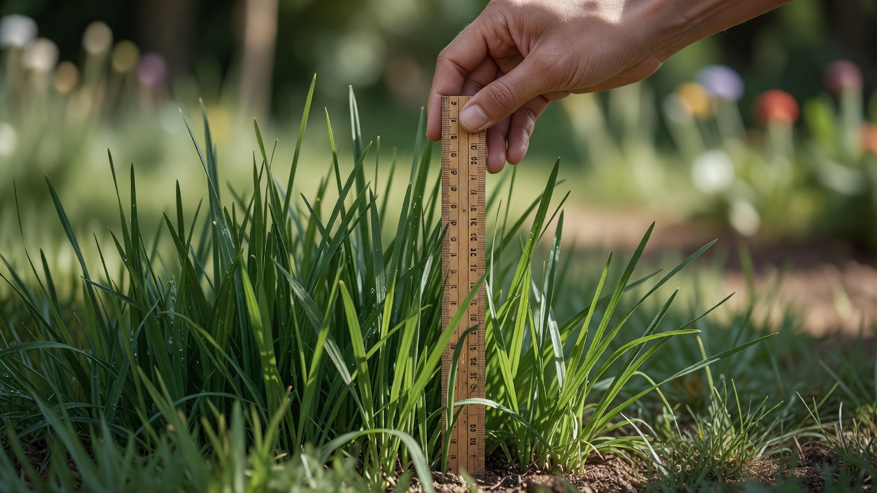 A close-up view showing the height of grass blades to demonstrate proper mowing intervals.