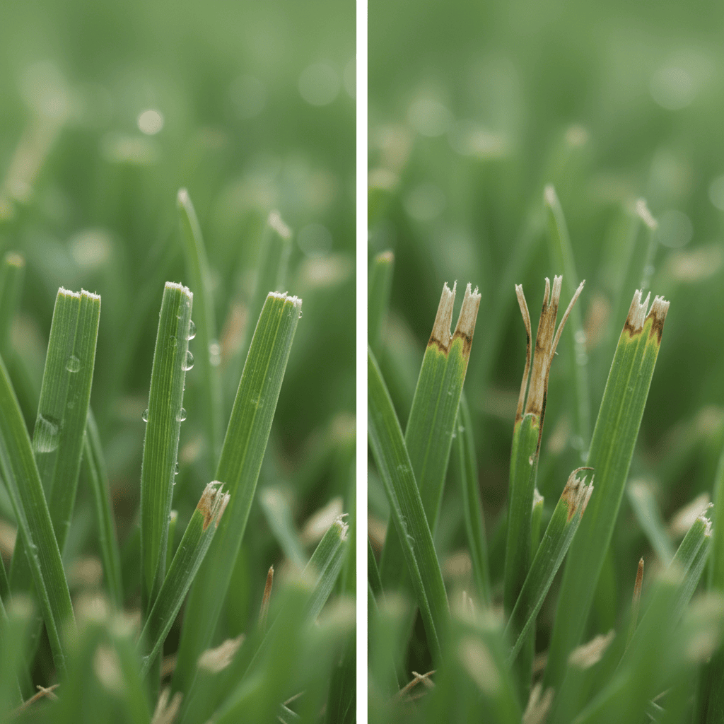 Side-by-side comparison of clean-cut grass versus torn grass from dull blades