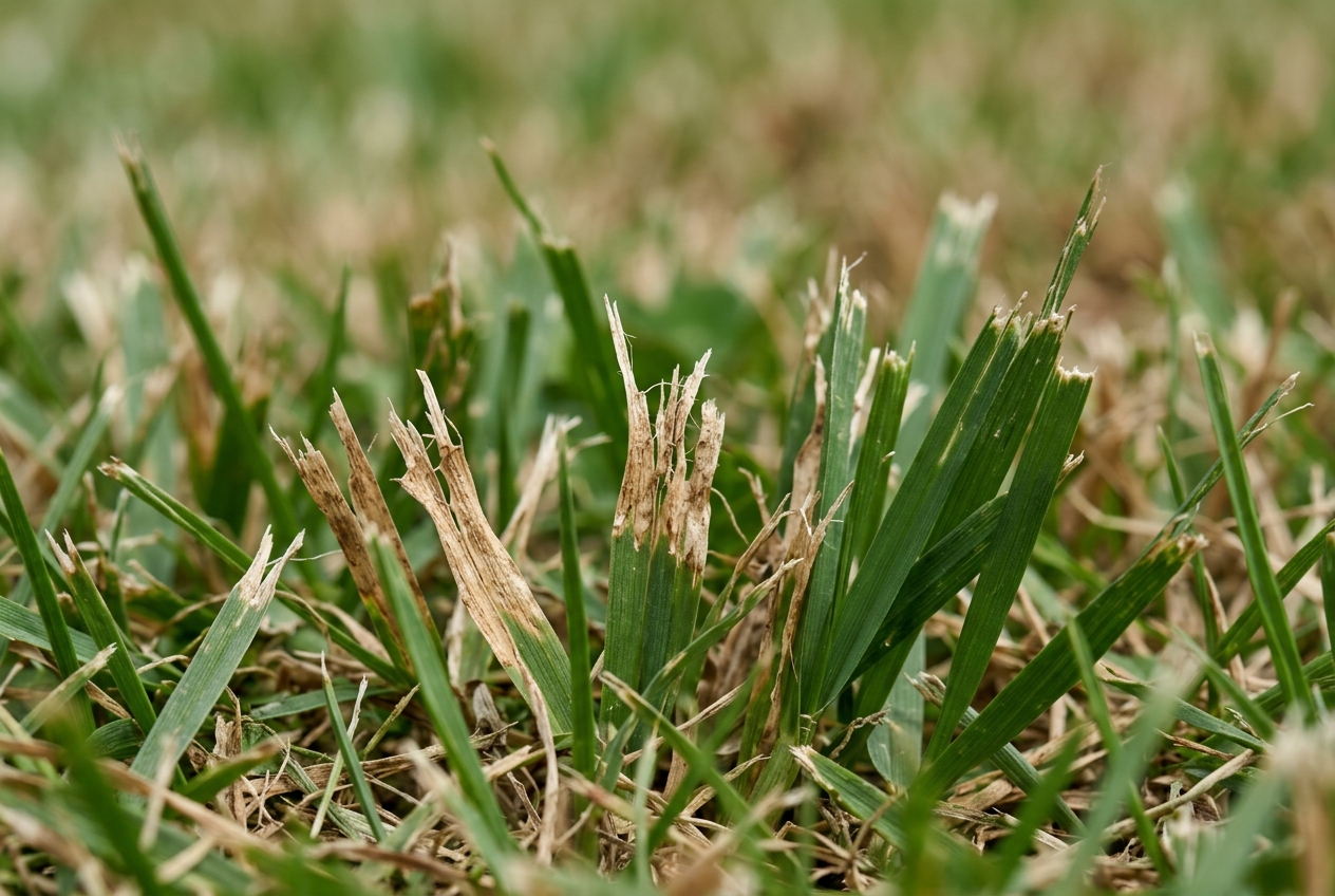 How Often Should Lawn Mower Blades Be Sharpened? Close-up of lawn grass with torn, frayed tips after mowing