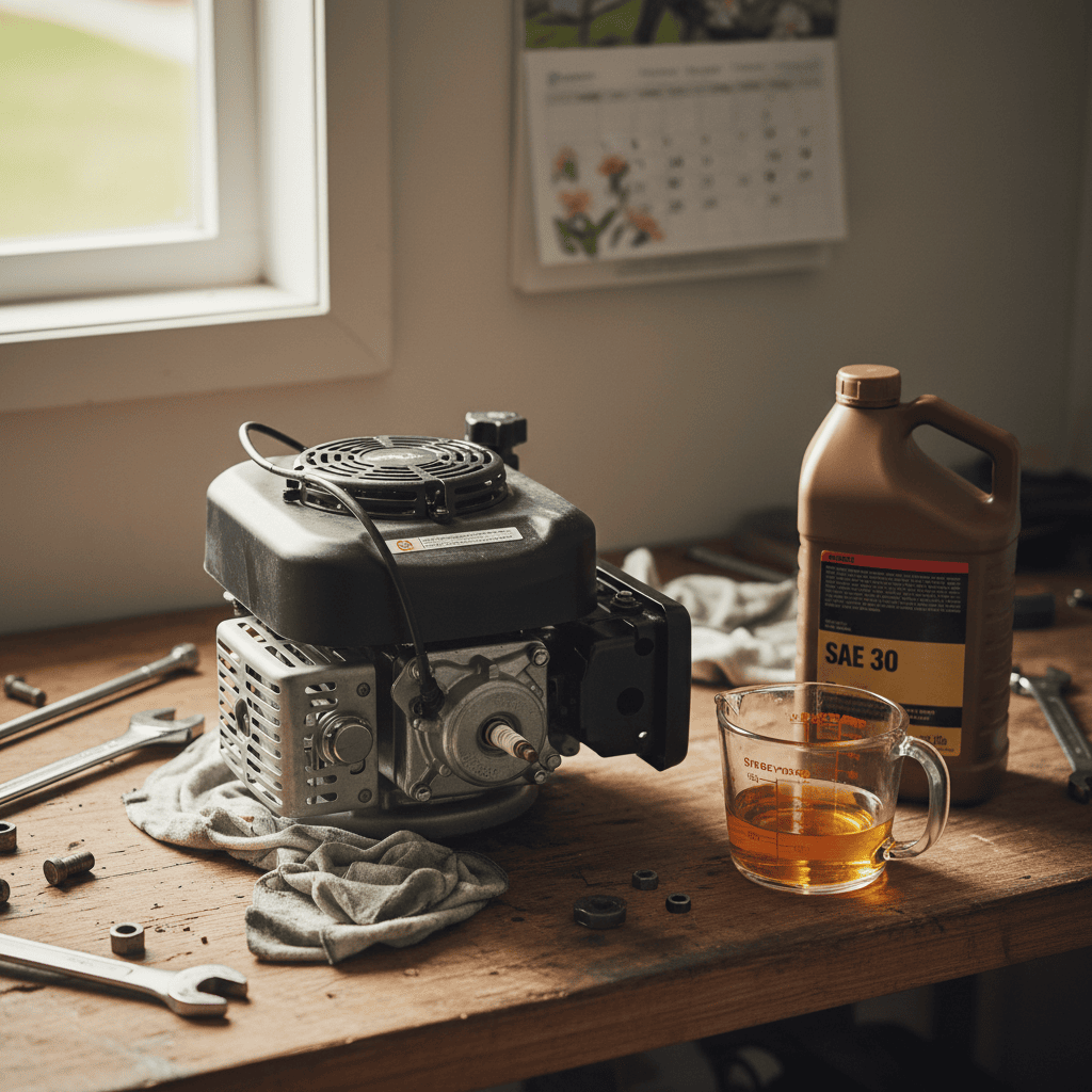 Lawn mower engine with fresh oil and supplies on a garage workbench