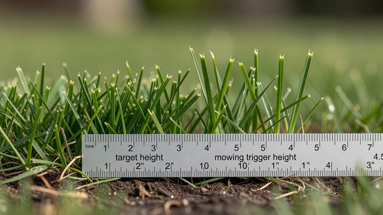 Grass blades measured at target height and one-third taller to illustrate the mowing rule