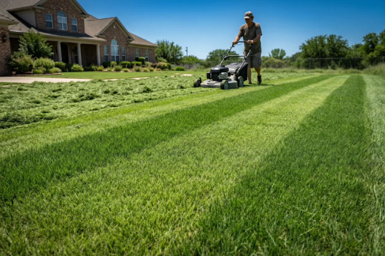 How Often Should You Mow Your Lawn in Texas? Person mowing a warm-season grass lawn in Texas during summer