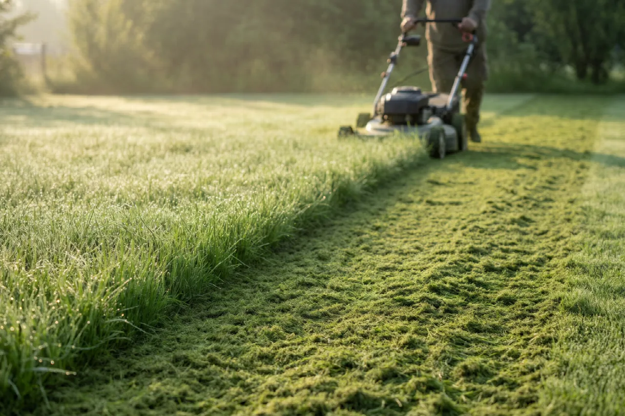 A person mowing a tall green lawn in the early morning light
