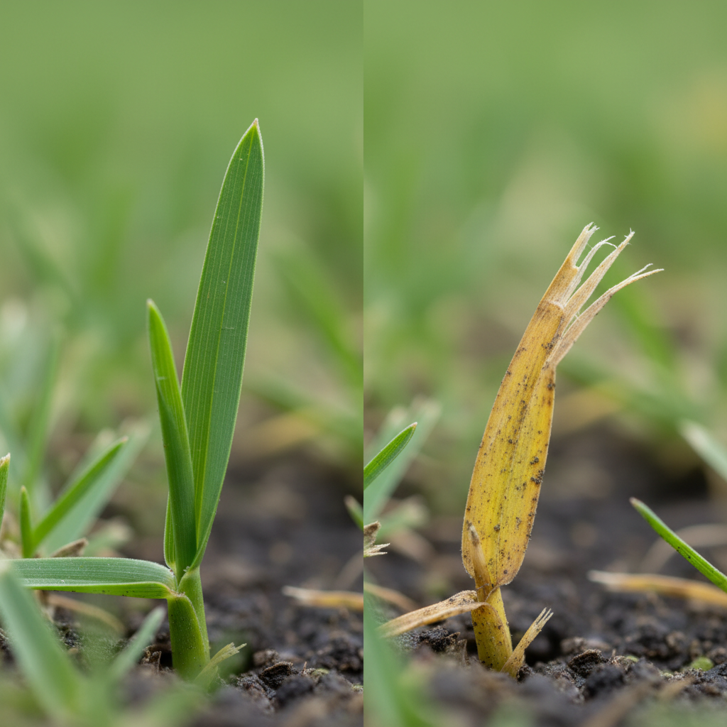 Side-by-side comparison of a healthy, properly cut grass blade and a stressed, over-cut grass blade.