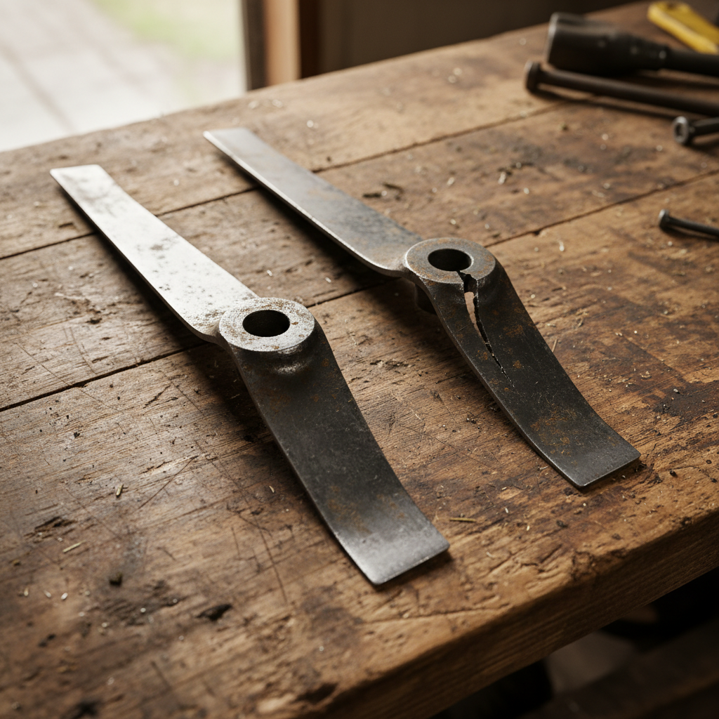 Two rotary mower blades on a workbench, one intact and one bent and cracked