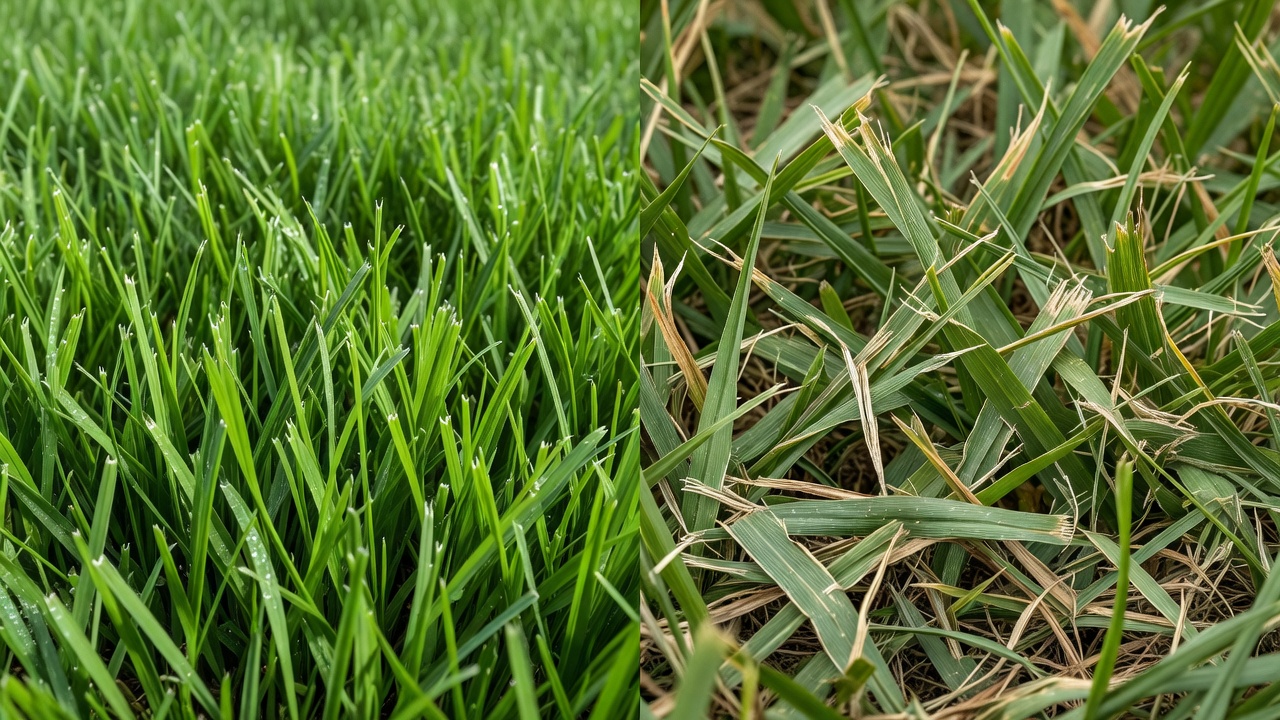 Healthy grass with clean cuts versus damaged grass with torn tips from dull blades