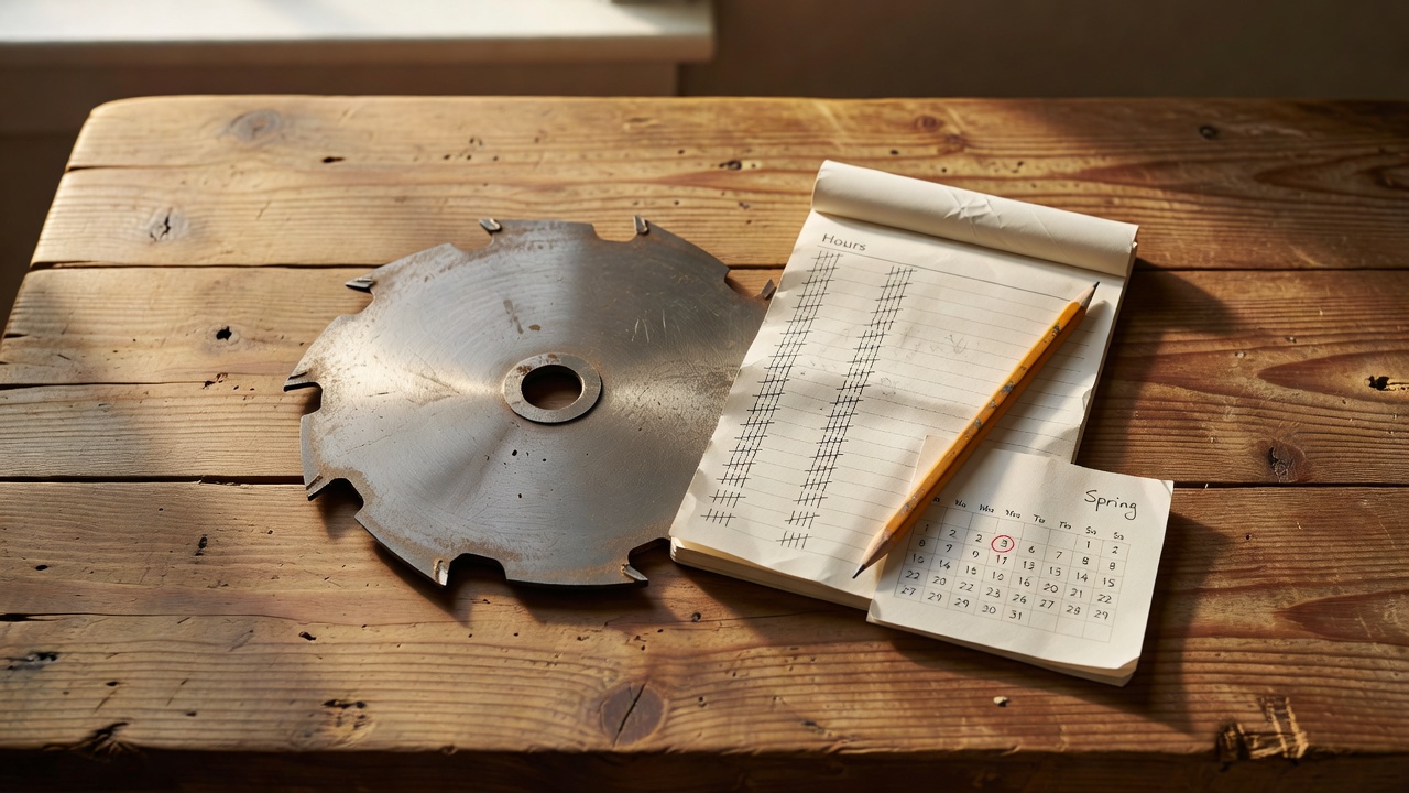 How Often Should You Sharpen Your Lawn Mower Blades? Lawn mower blade beside an hour-tracking notepad and seasonal calendar