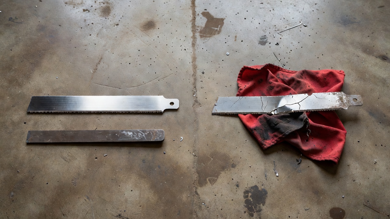 Side-by-side comparison of a sharpenable mower blade next to a cracked blade marked for disposal