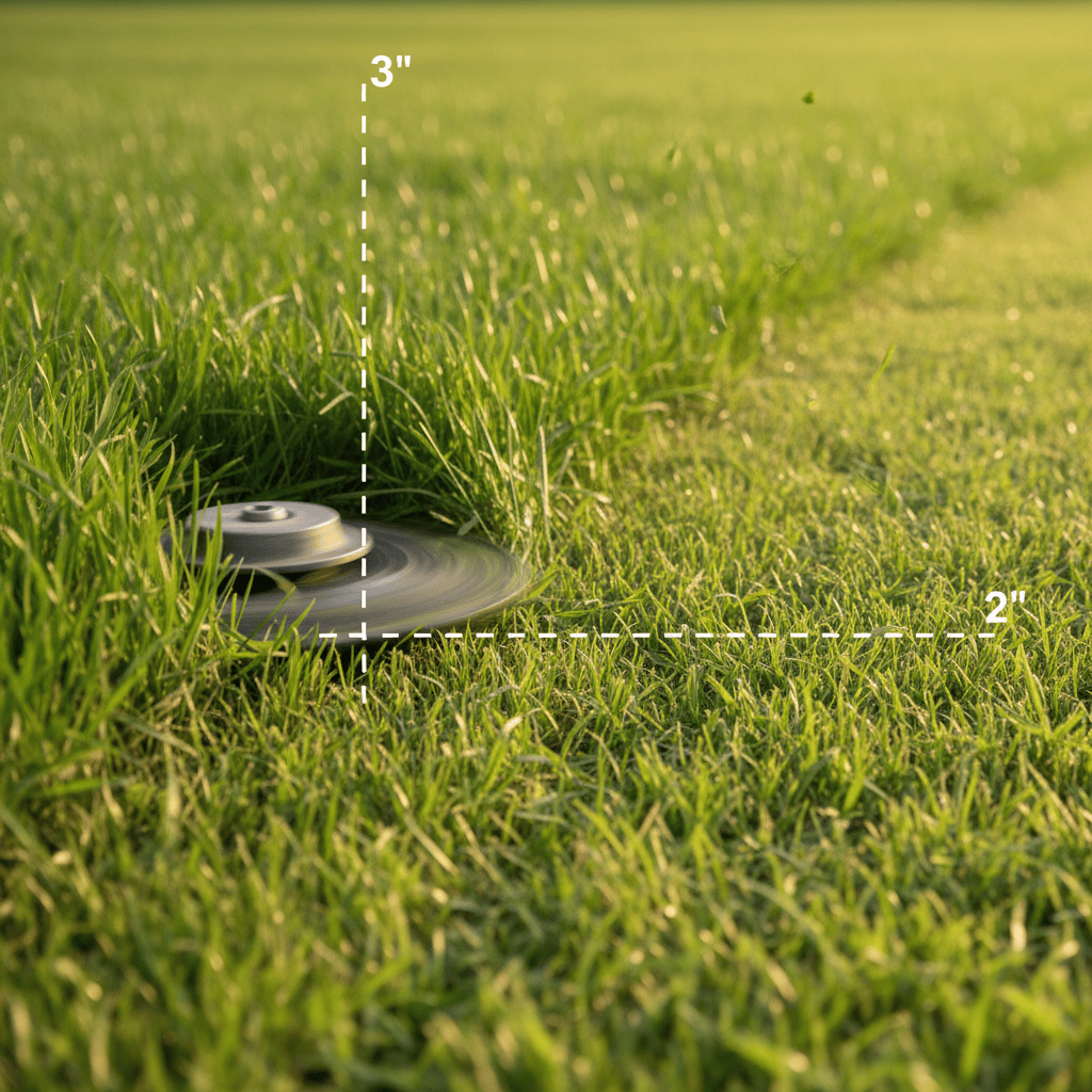 A lawn mower blade cutting grass at the correct height, demonstrating the one-third rule for mowing.