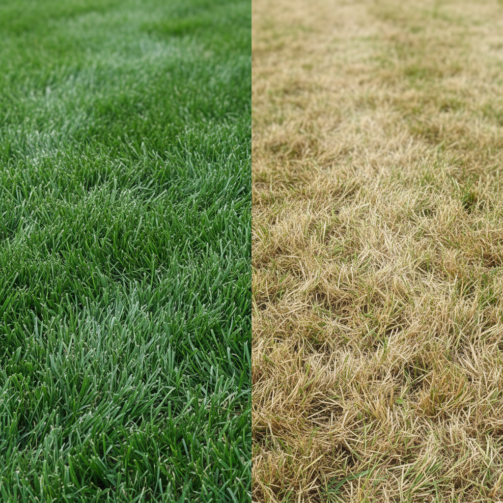 A visual comparison of grass cut to the correct height versus grass that has been scalped by removing too much blade length.