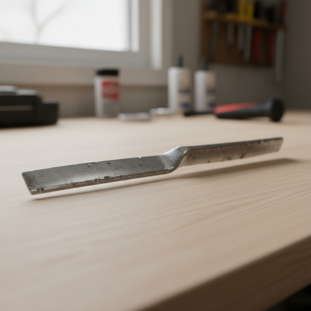 Worn nicked lawn mower blade lying on a wooden workbench.