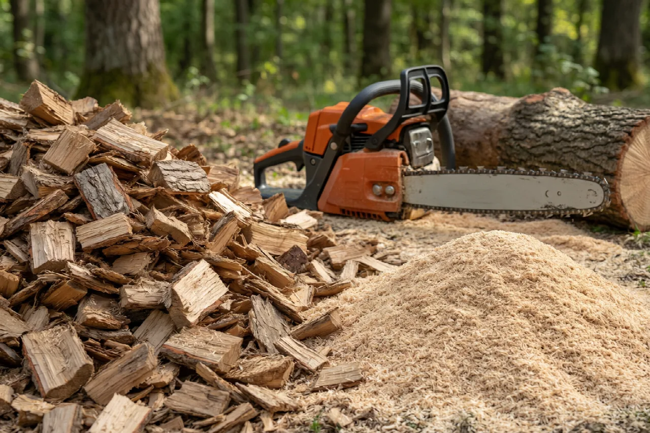 How Often Should You Sharpen a Chainsaw Chain? Comparison of wood chips from a sharp chain versus sawdust from a dull chain.