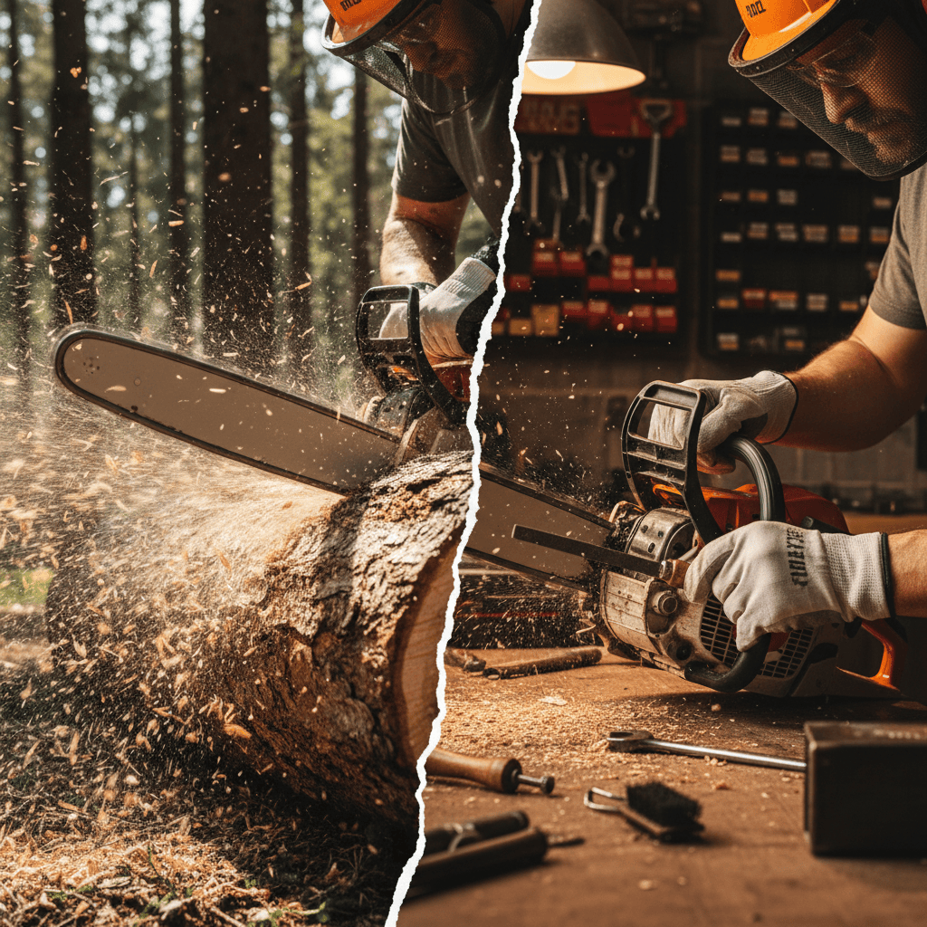 Split image showing a chainsaw in use and a person sharpening its chain.