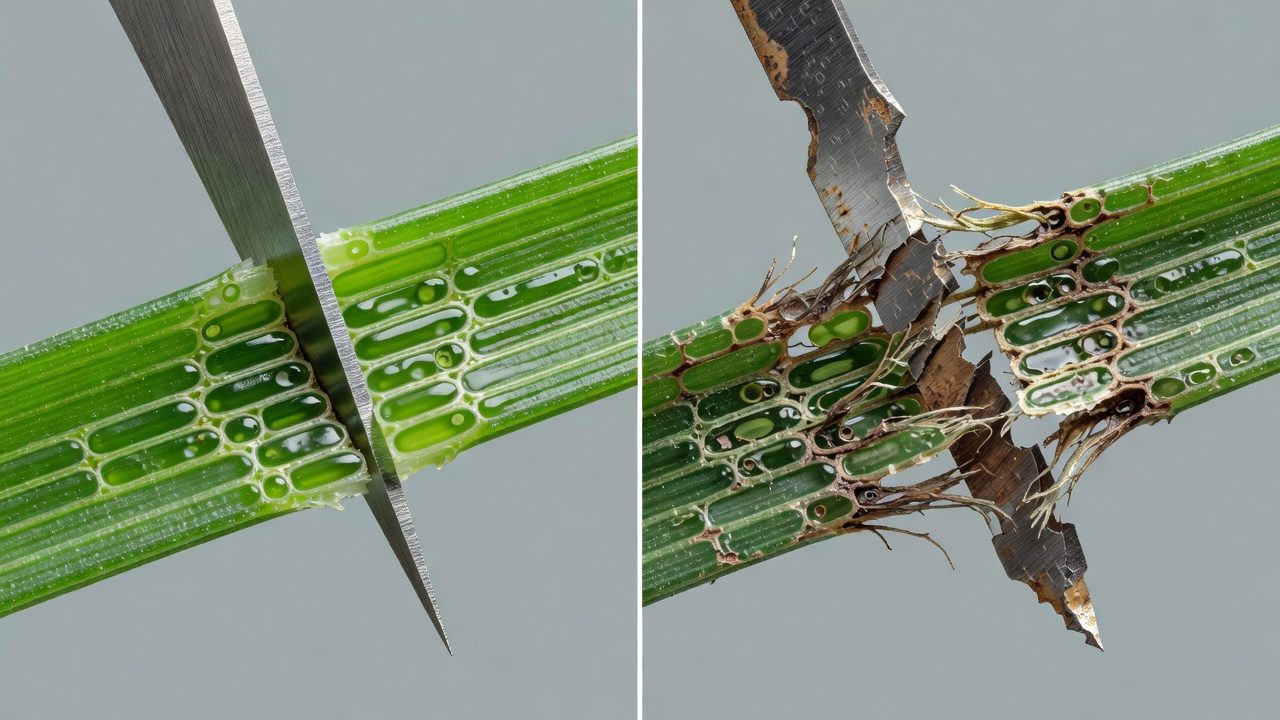 Side-by-side comparison showing clean grass cut by sharp blade versus torn grass cut by dull blade
