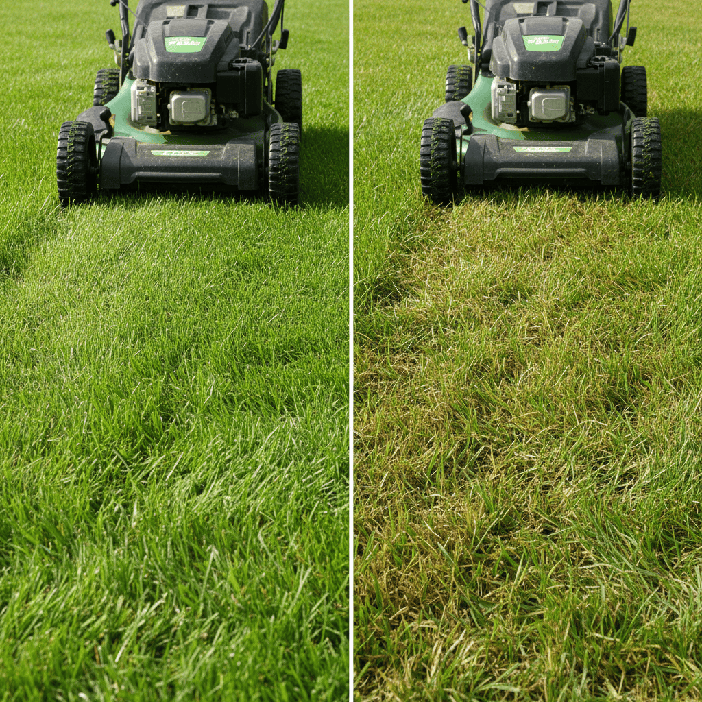 How Often Should You Sharpen Lawnmower Blades? (Seasonal & Usage Guide) Side-by-side comparison of clean-cut grass from a sharp blade versus torn, ragged grass from a dull blade.