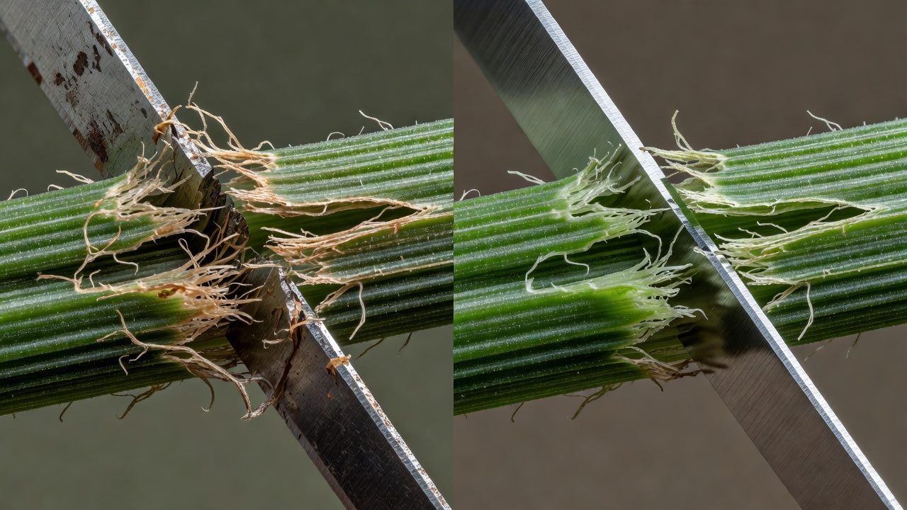 Side-by-side comparison of dull blade tearing grass versus sharp blade cutting cleanly