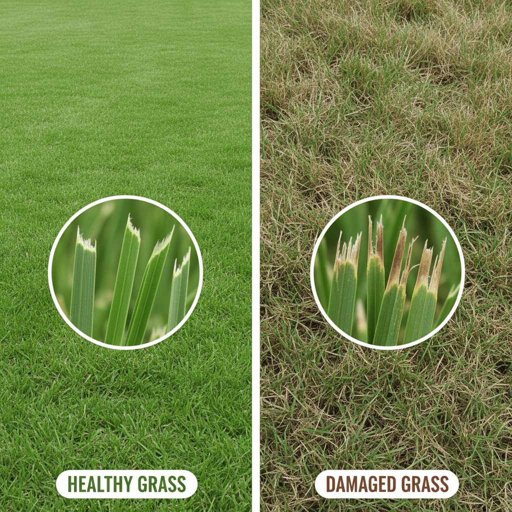 Comparison of clean-cut grass versus ragged torn grass from dull blade