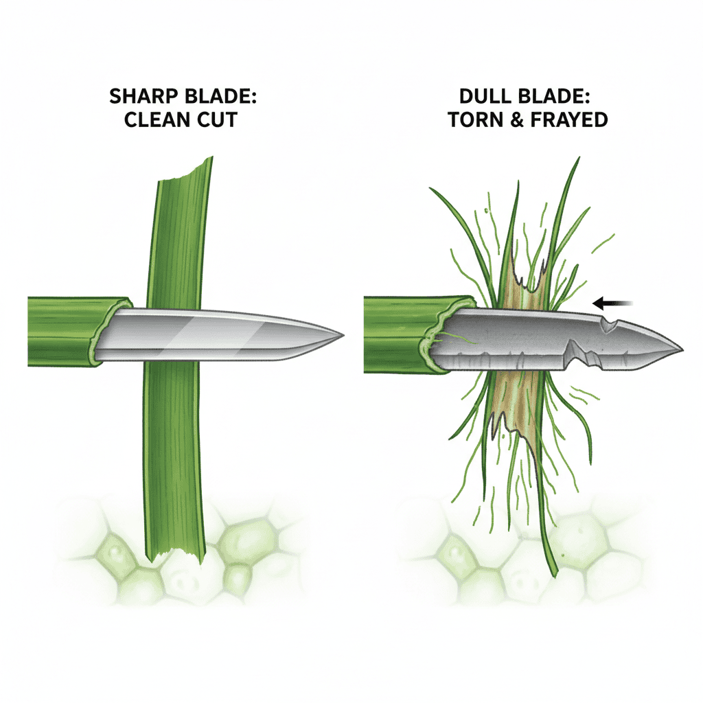 Side-by-side comparison of clean-cut grass blade versus torn grass blade from dull mower blade