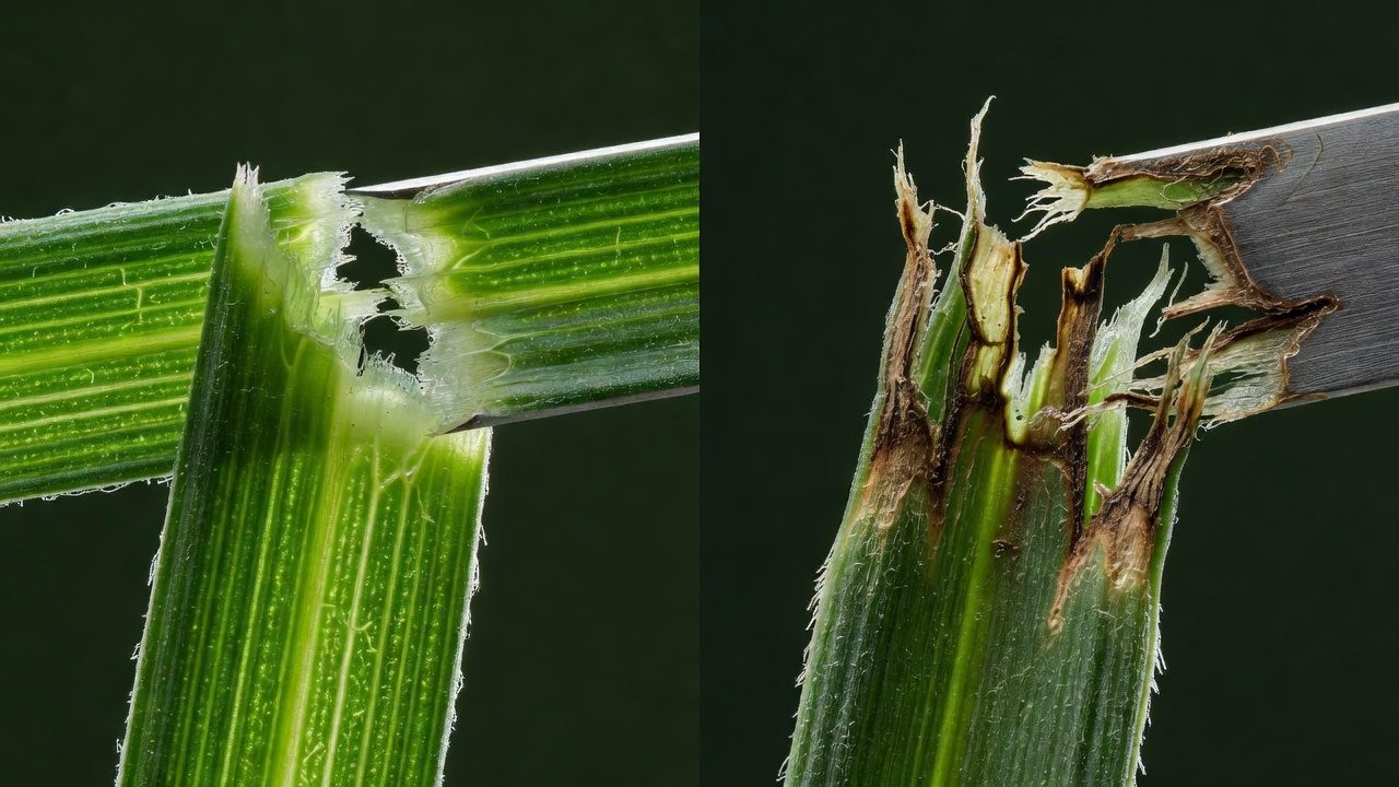 Side-by-side comparison of grass stems cut cleanly versus crushed by dull blades