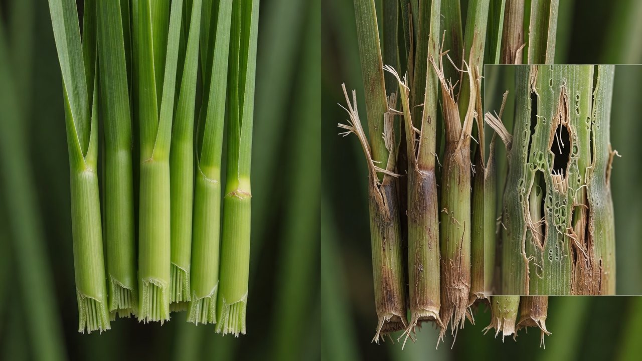 Botanical comparison of cleanly cut grass versus torn grass from dull blades
