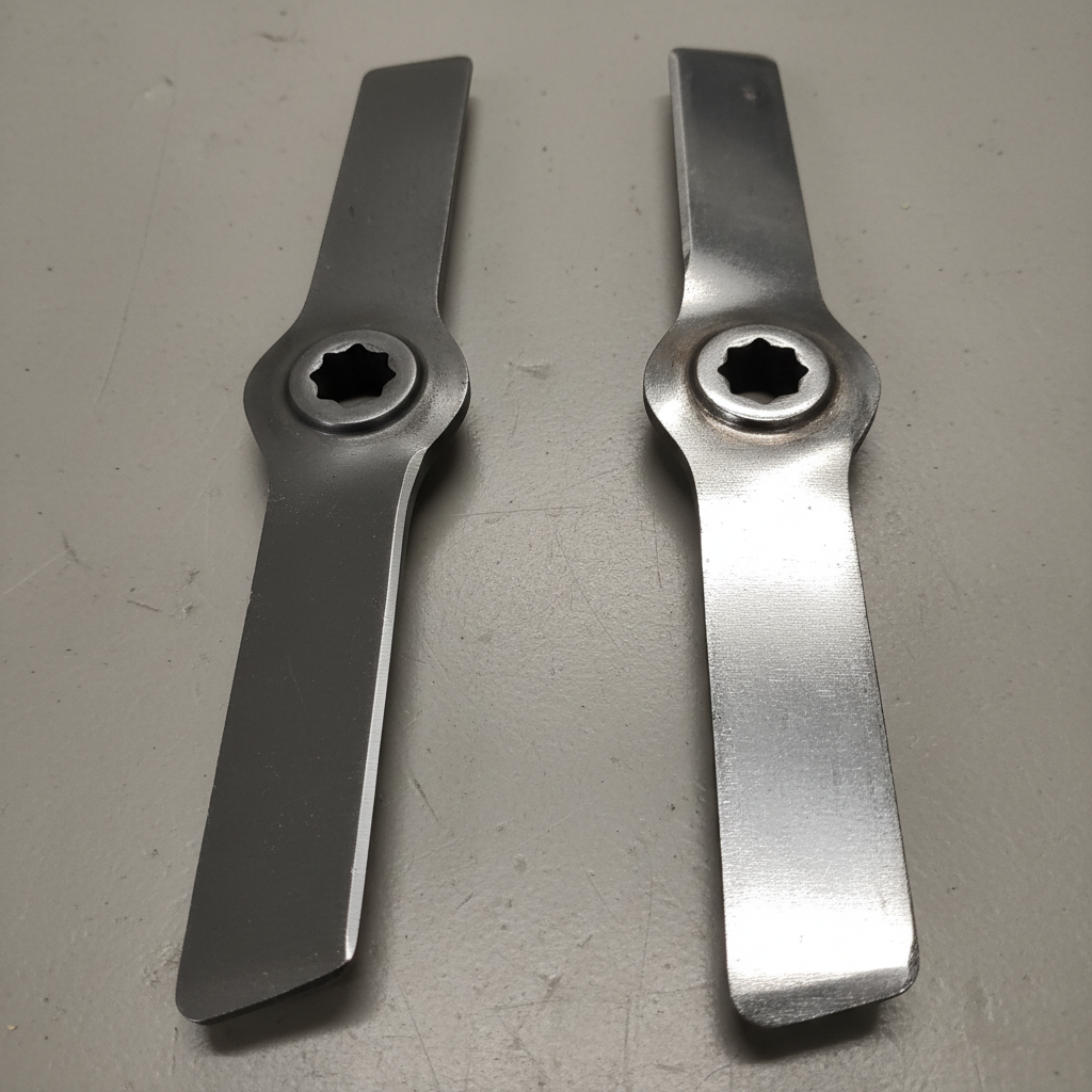 Comparison of a properly sharpened mower blade and a dull mower blade.