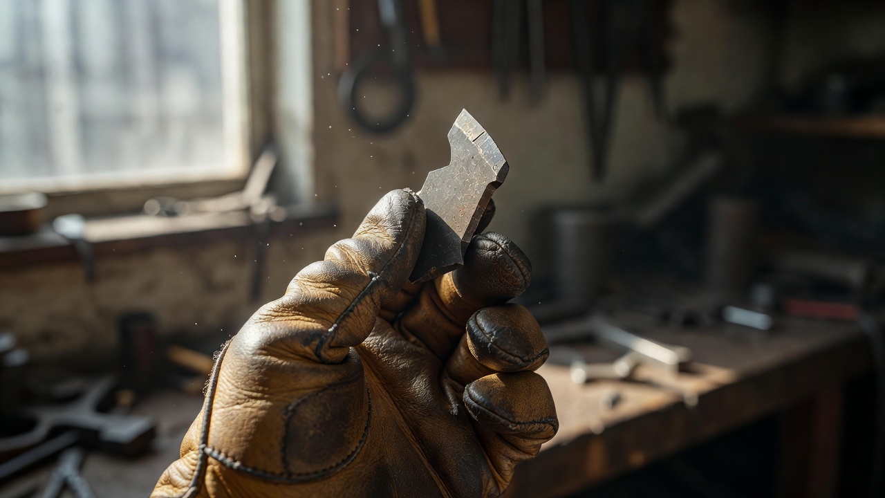How to Sharpen a Chainsaw Chain: A Complete Guide Gloved hand inspecting a dull chainsaw cutter tooth in a workshop.