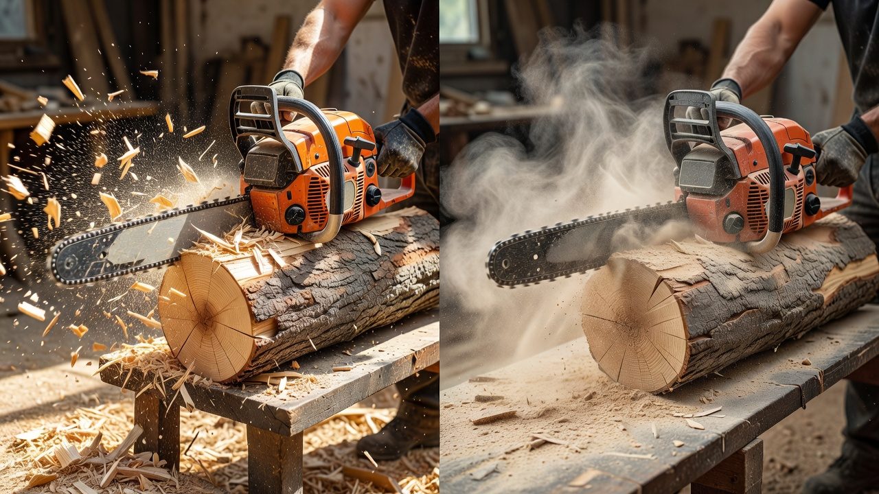 Comparison of sharp chainsaw producing chips versus dull chainsaw producing sawdust