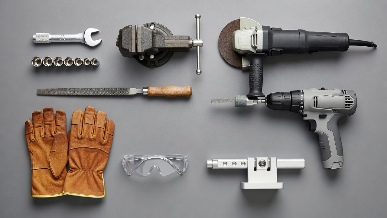 Mower blade sharpening tools and safety equipment laid out