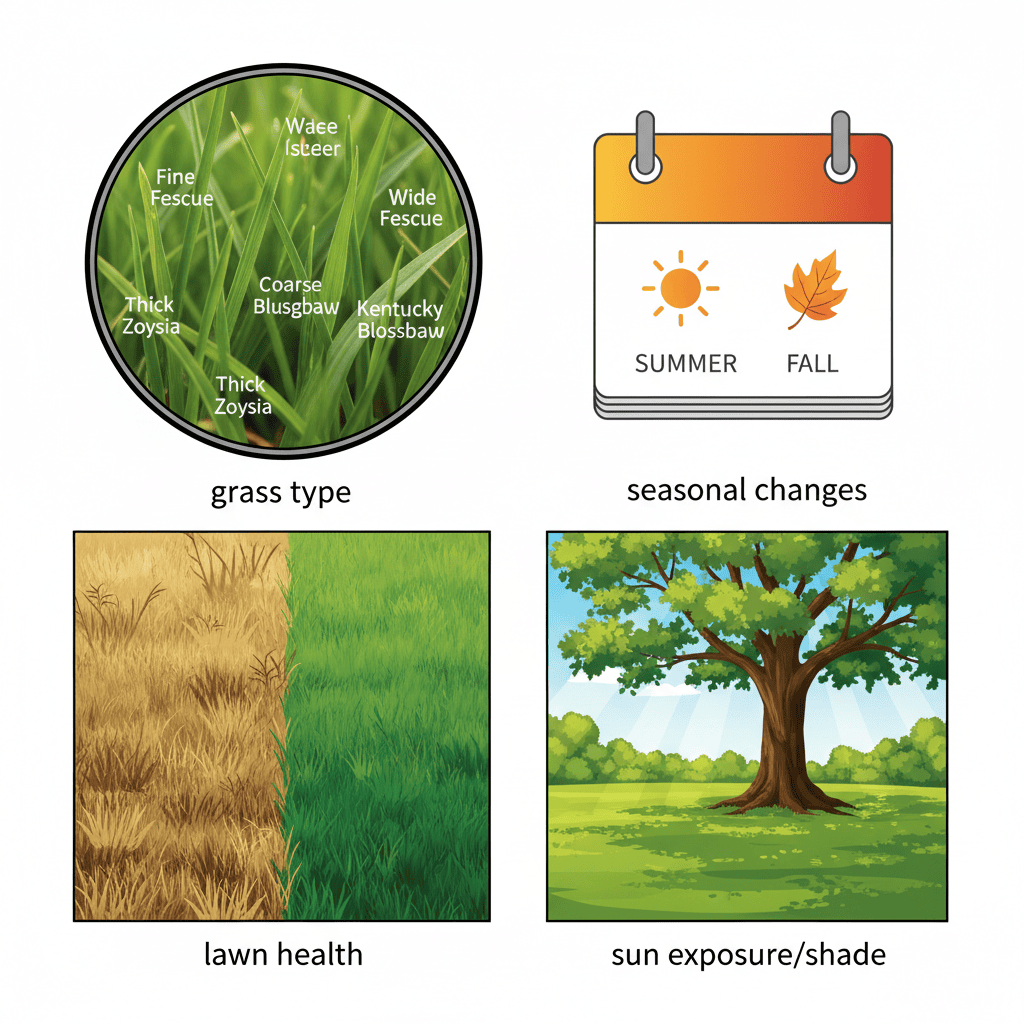 Visual comparison of factors affecting mowing height: grass types, seasons, lawn health, and shade