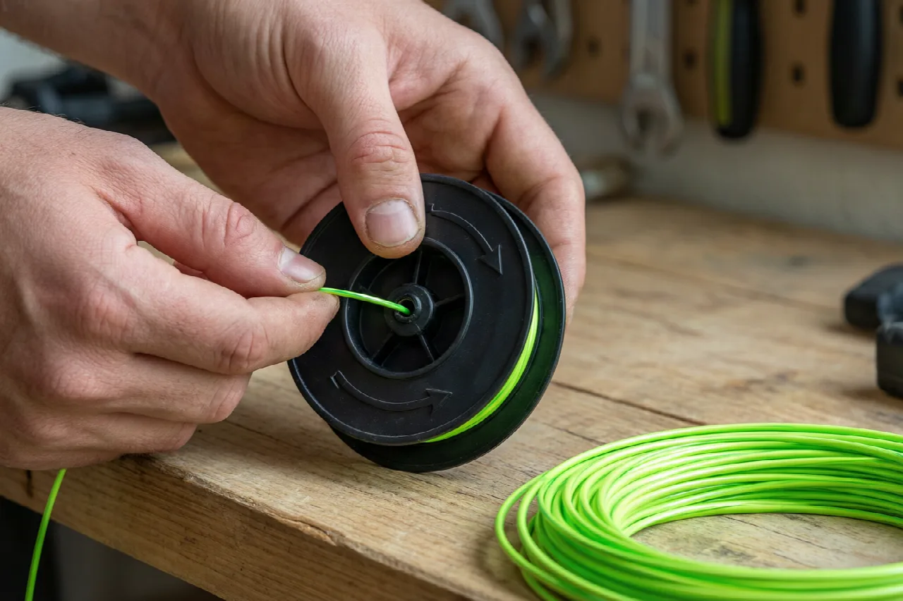 Hands threading trimmer line through the anchor hole of a spool