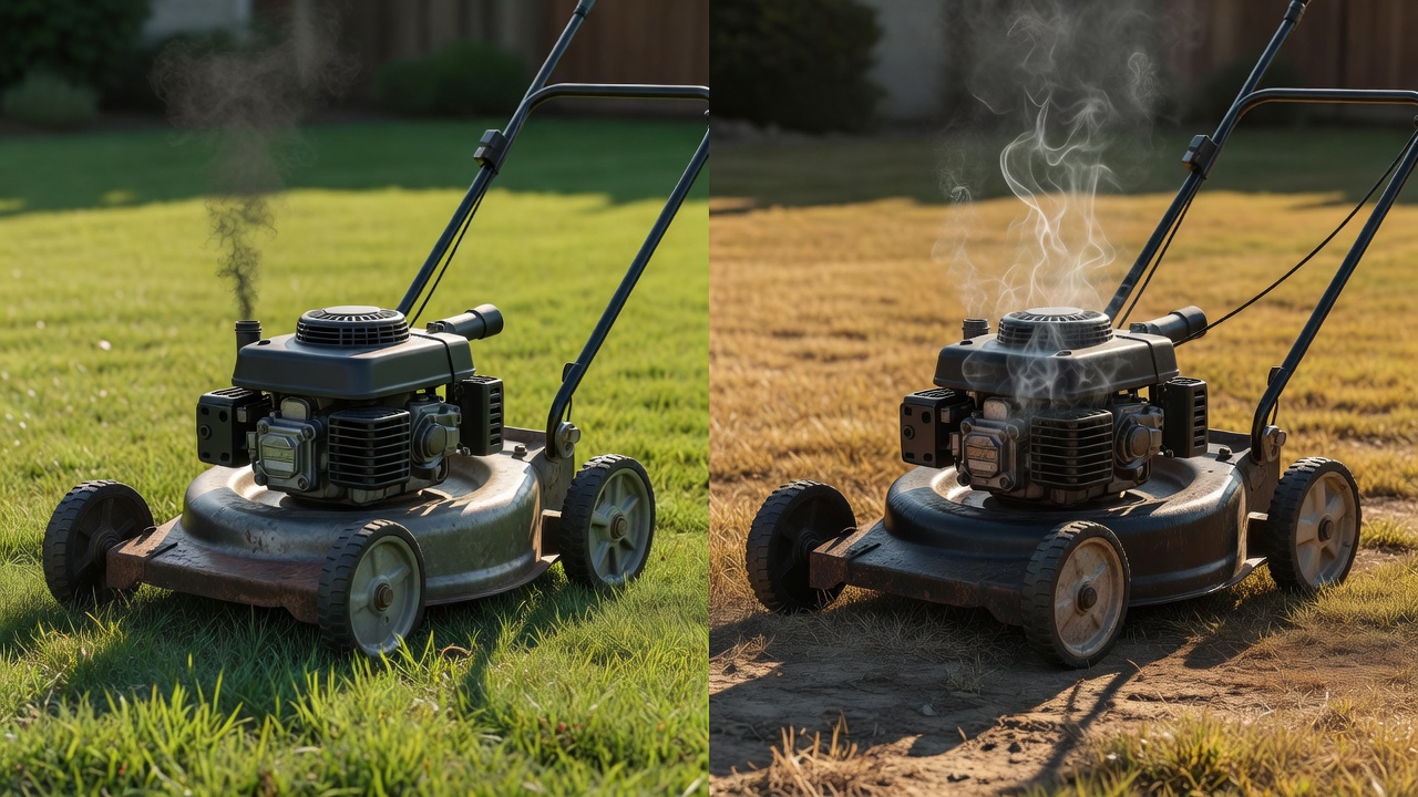 Lawn mower showing rich exhaust smoke on one side and lean overheating symptoms on the other
