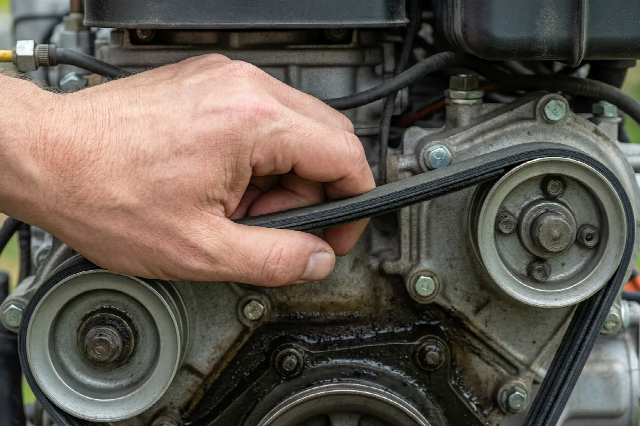 A hand pressing down on a mower belt between two pulleys to test tension