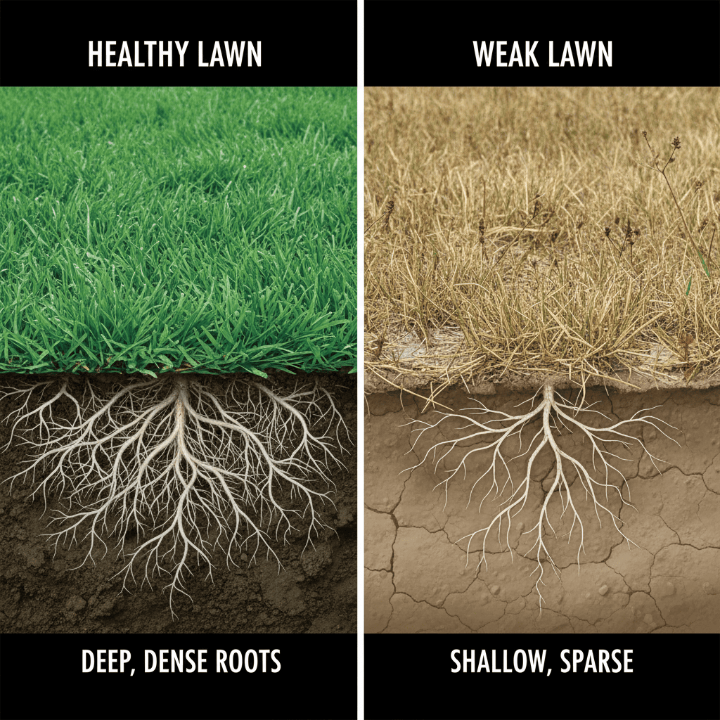 Comparison of healthy vs damaged lawn from incorrect mowing height