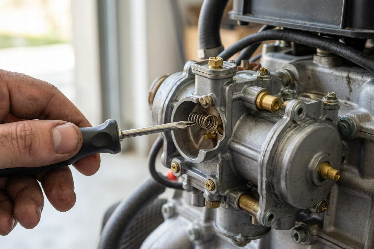 Hand adjusting idle mixture screw on a lawn mower carburetor