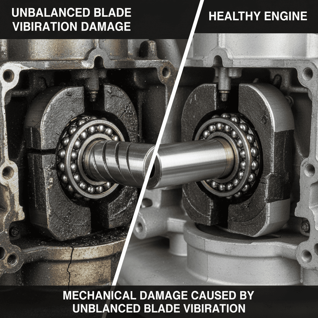 Comparison of damaged versus healthy mower engine showing effects of unbalanced blade vibration