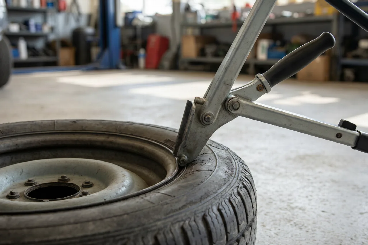 How to Break the Bead on a Lawn Mower Tire A bead breaker tool pressing against the sidewall of a lawn mower tire.