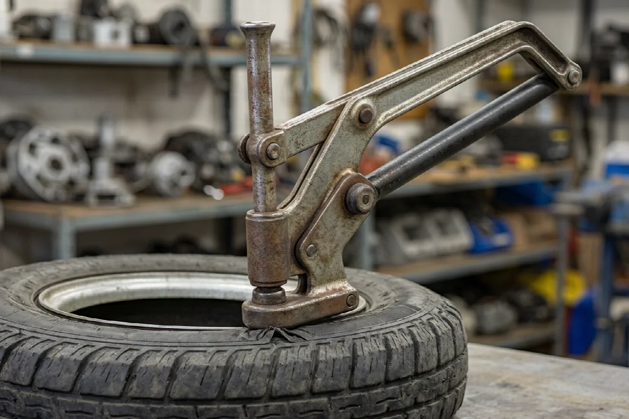 A bead breaker tool pressing the sidewall of a lawn mower tire to separate the bead.