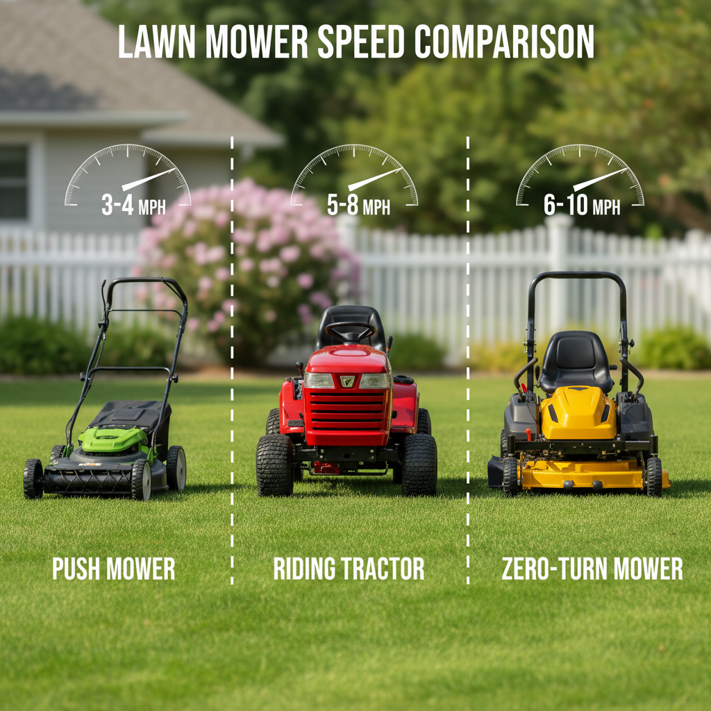 Three types of lawn mowers—push, riding, and zero-turn—displayed for comparison of typical stock speeds.