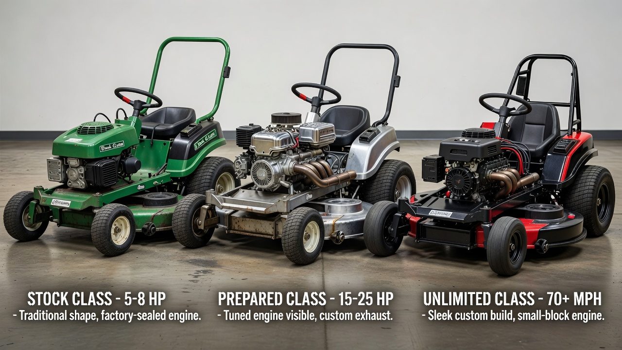 Three racing lawn mower classes showing progression from stock to unlimited builds