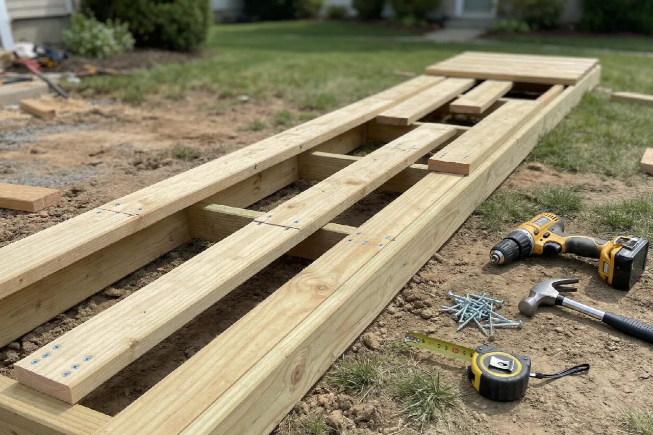 A wooden ramp frame with stringers and decking boards being assembled outdoors.