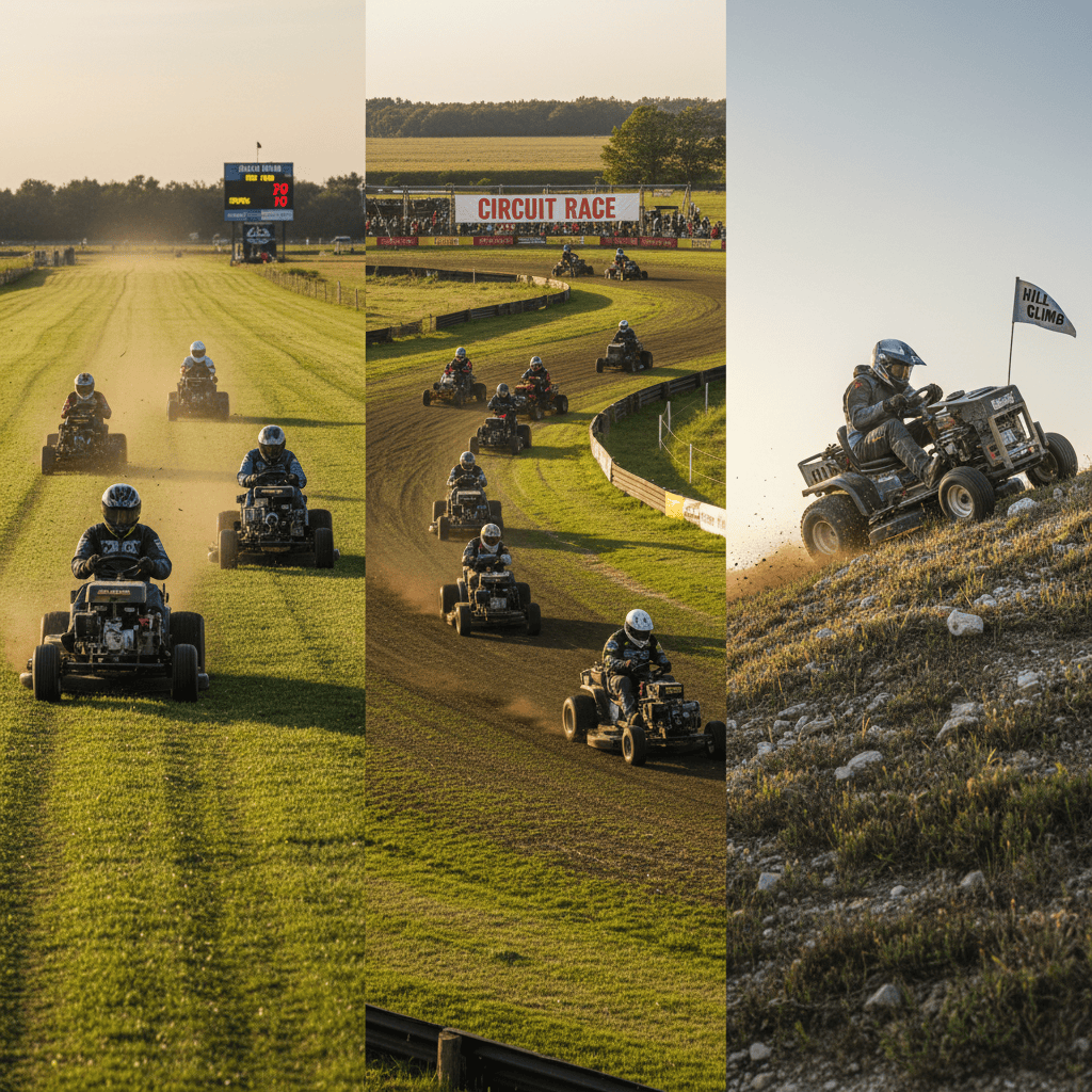 Three lawn mower racing formats: drag racing, circuit racing, and hill climb