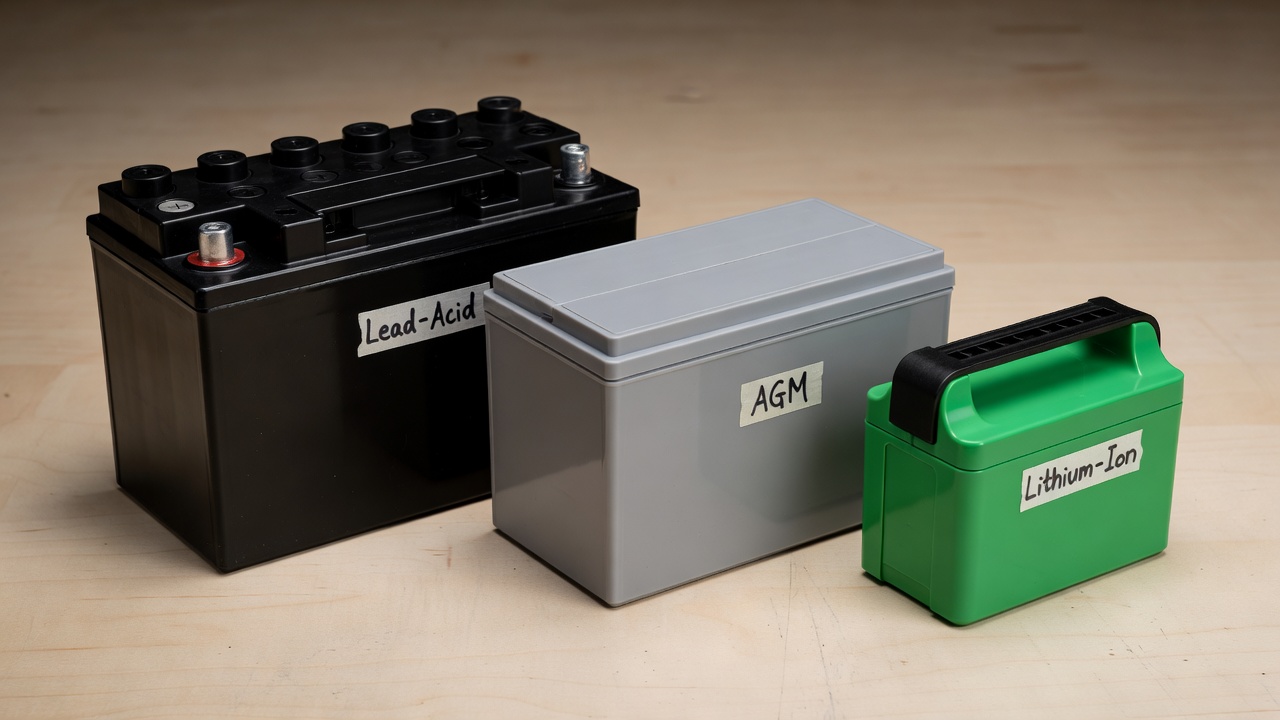 Three lawn mower battery types displayed side by side: lead-acid with vent caps, sealed AGM, and compact lithium-ion pack with handle