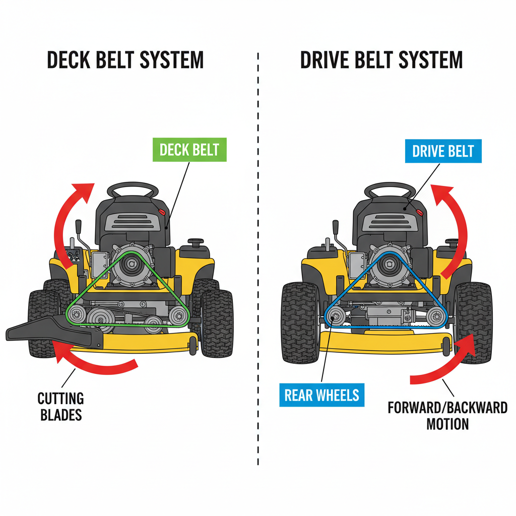 Comparison of deck belt and drive belt locations and functions in a riding mower