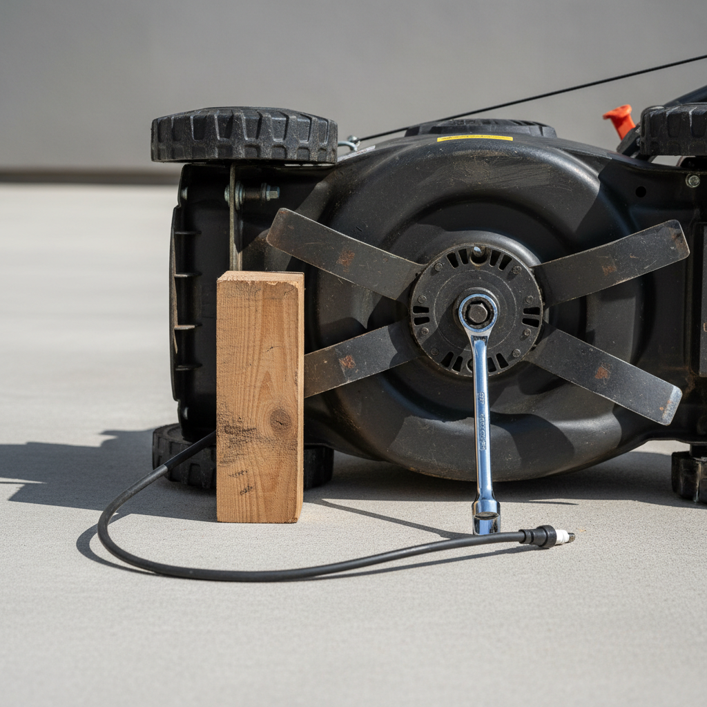 Lawn mower tipped on its side showing the underside blade with a wood block holding it in place and a socket wrench on the bolt