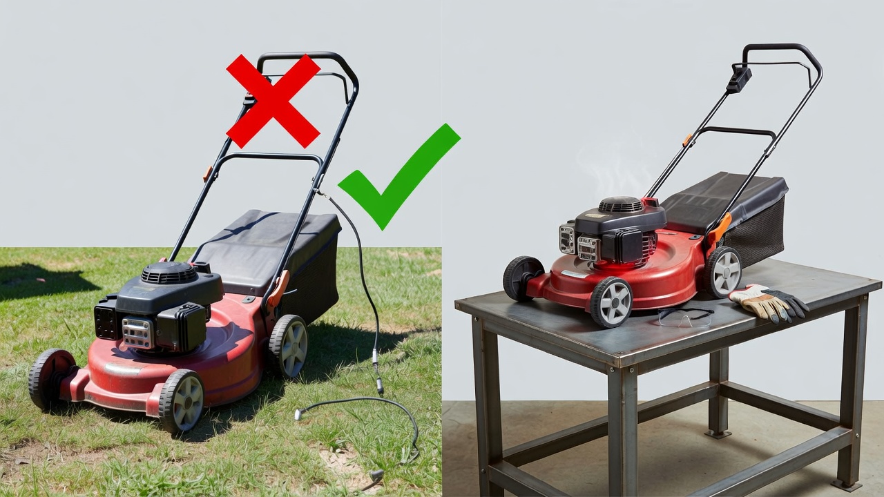 Safety preparation steps for push mower maintenance including spark plug disconnection and cooling time