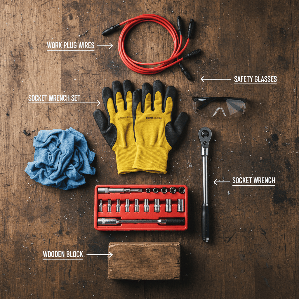 Safety equipment and tools needed for riding lawn mower blade removal displayed on a workbench