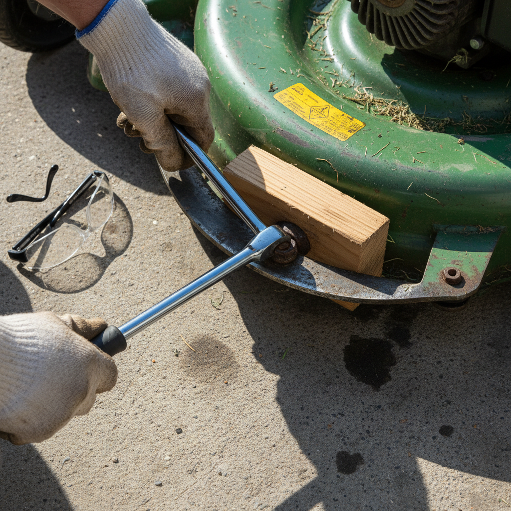 Using a socket wrench and block of wood to remove a lawn mower blade.
