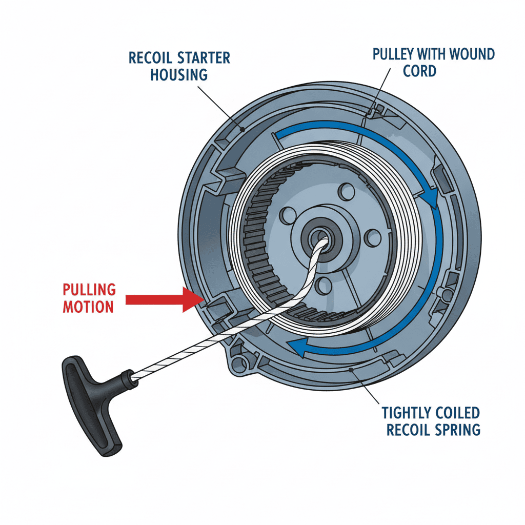 Labeled diagram of lawn mower recoil starter system components and how they work together