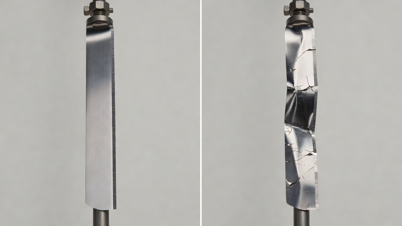 Comparison of a healthy lawnmower blade versus damaged blades showing bending, cracks, and wear